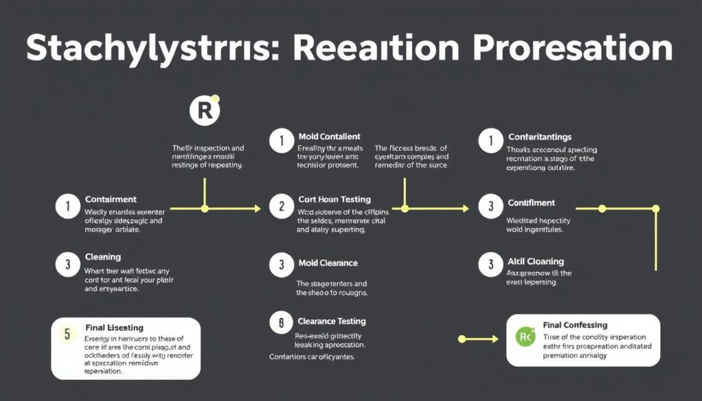 Diagram showing the step-by-step certified stachybotrys mold remediation process from inspection to clearance testing Diagram showing the step-by-step certified stachybotrys mold remediation process from inspection to clearance testing