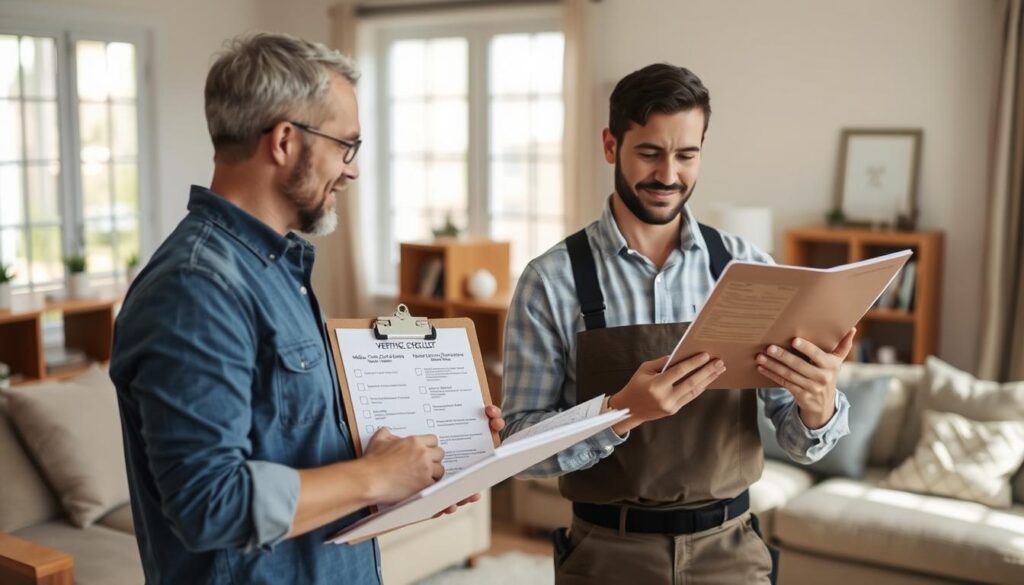Homeowner using verification checklist while meeting with mold contractor Homeowner using verification checklist while meeting with mold contractor