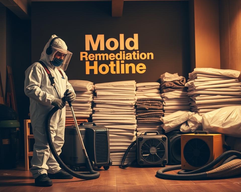 Labor, equipment, and materials needed for efficient mold remediation. In the foreground, a worker in protective gear using specialized tools like air scrubbers and HEPA vacuums. In the middle ground, stacks of materials such as plastic sheeting, dehumidifiers, and air movers. In the background, the "Mold Remediation Hotline" branding prominently displayed, conveying a sense of professionalism and expertise. Warm, directional lighting illuminates the scene, casting subtle shadows and highlighting the textures of the equipment. The overall mood is one of organization, effectiveness, and attention to detail - qualities essential for successful mold remediation.