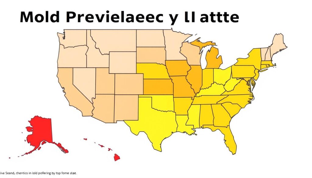 Map showing mold prevalence across United States regions for pre-purchase mold inspection for homeowners Map showing mold prevalence across United States regions for pre-purchase mold inspection for homeowners