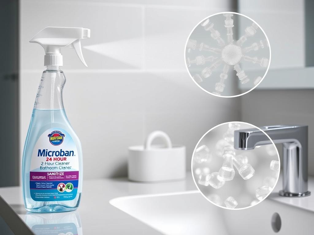 Microban 24 Hour Bathroom Cleaner bottle with sanitizing demonstration Microban 24 Hour Bathroom Cleaner bottle with sanitizing demonstration