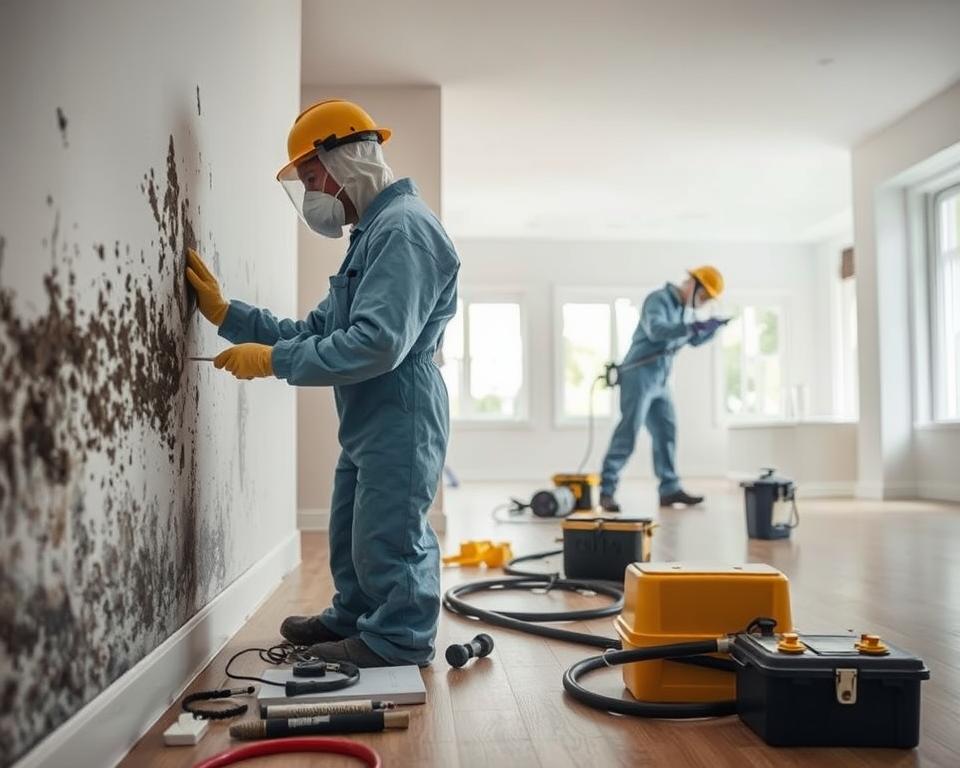 Mold Remediation Hotline: A side-by-side comparison of certified mold remediation and removal services. In the foreground, a worker in protective gear assesses the extent of mold growth on a wall, their tools and equipment laid out neatly. In the middle ground, another worker applies a specialized cleaning solution to a surface, while the background depicts a well-lit, spacious interior with windows, suggesting a residential or commercial setting. The lighting is soft and diffused, creating a sense of professionalism and care. The overall mood is one of diligence and expertise, with a focus on the technical aspects of the remediation process.