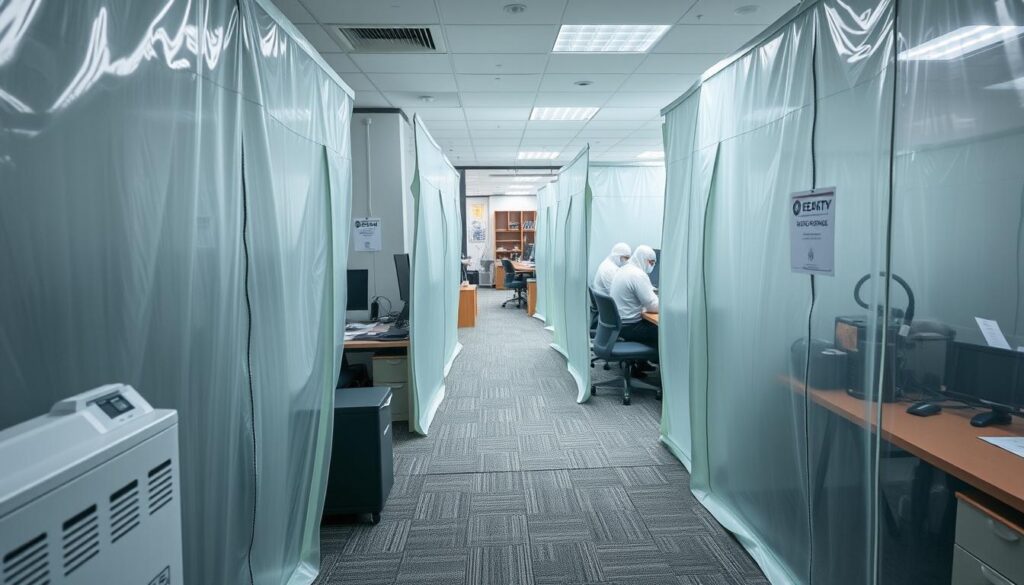 Office mold remediation containment setup with negative air pressure system Office mold remediation containment setup with negative air pressure system