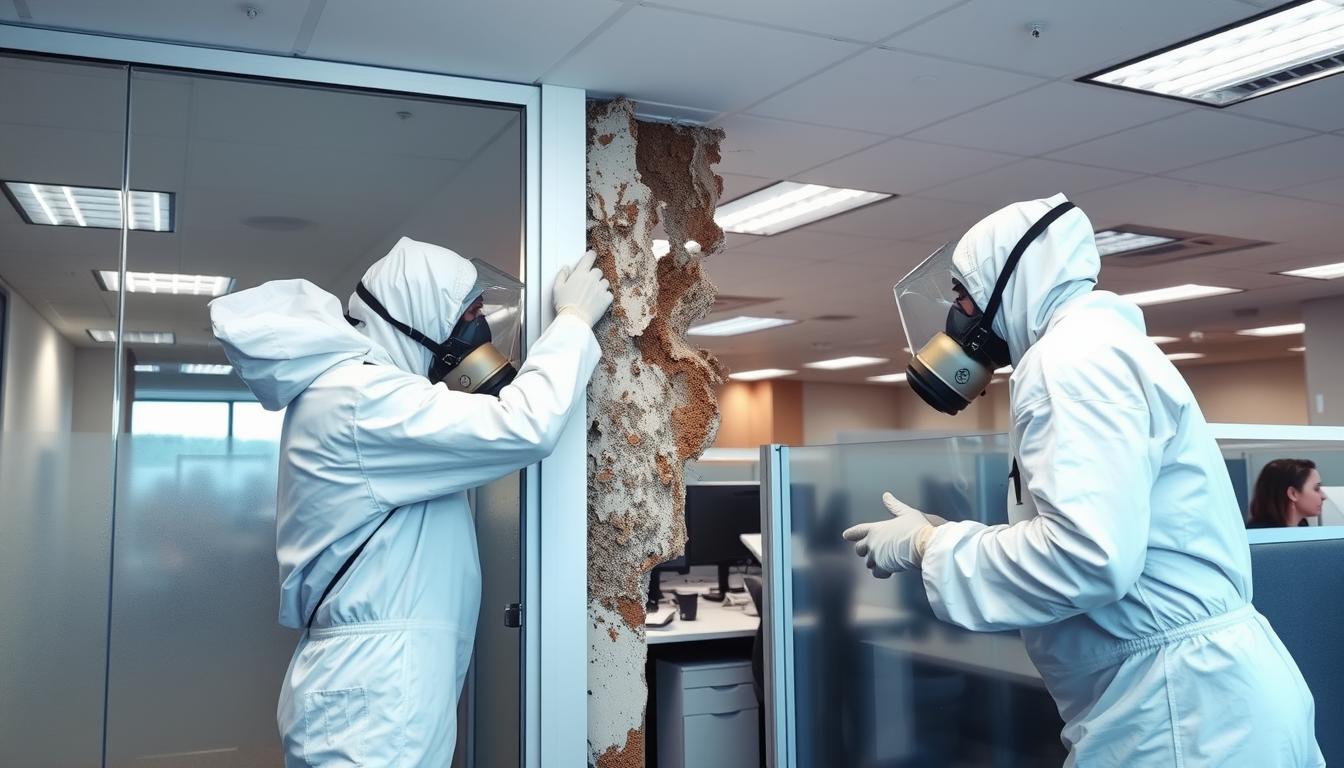 Office mold remediation with minimal disruption being performed by professionals in protective gear