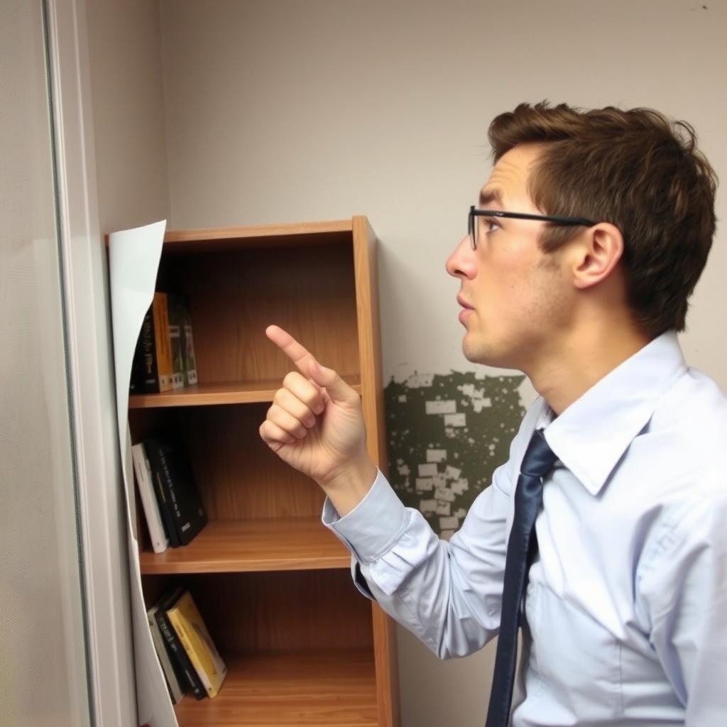 Office worker noticing musty odor from mold behind office furniture Office worker noticing musty odor from mold behind office furniture