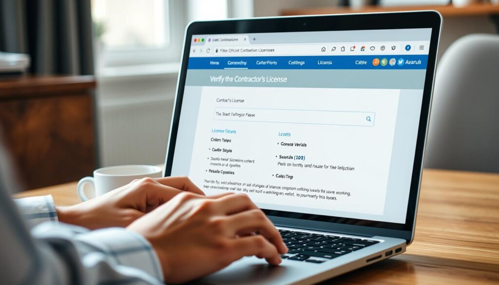 Person using laptop to verify mold contractor license on official state website Person using laptop to verify mold contractor license on official state website