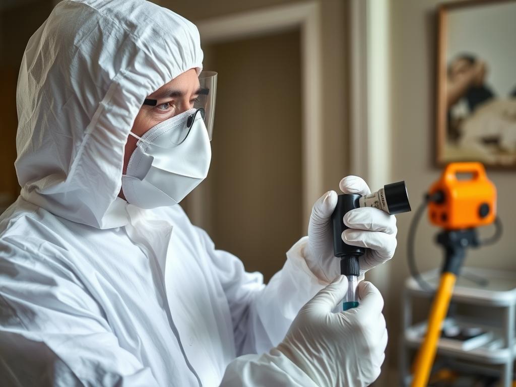 Professional conducting air sampling during a pre-purchase mold inspection for homeowners Professional conducting air sampling during a pre-purchase mold inspection for homeowners