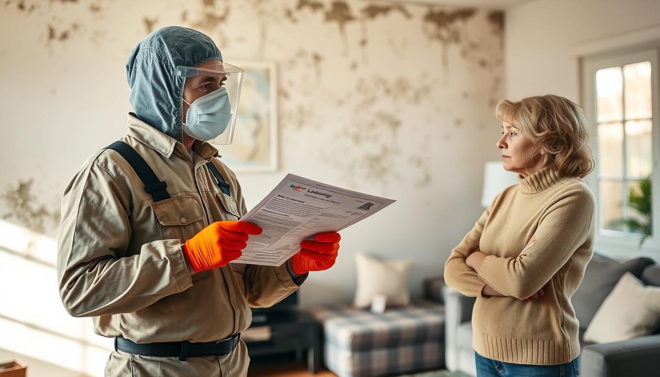 Professional mold contractor reviewing licensing documents with homeowner