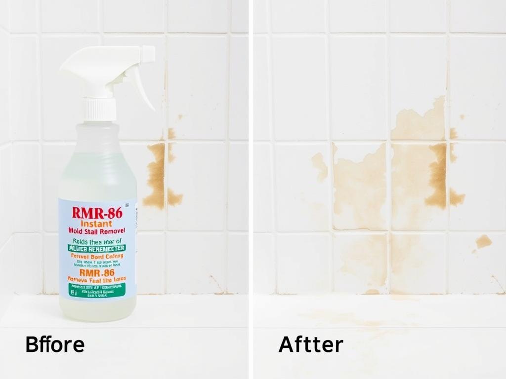 RMR-86 Instant Mold Stain Remover bottle and application on bathroom tile