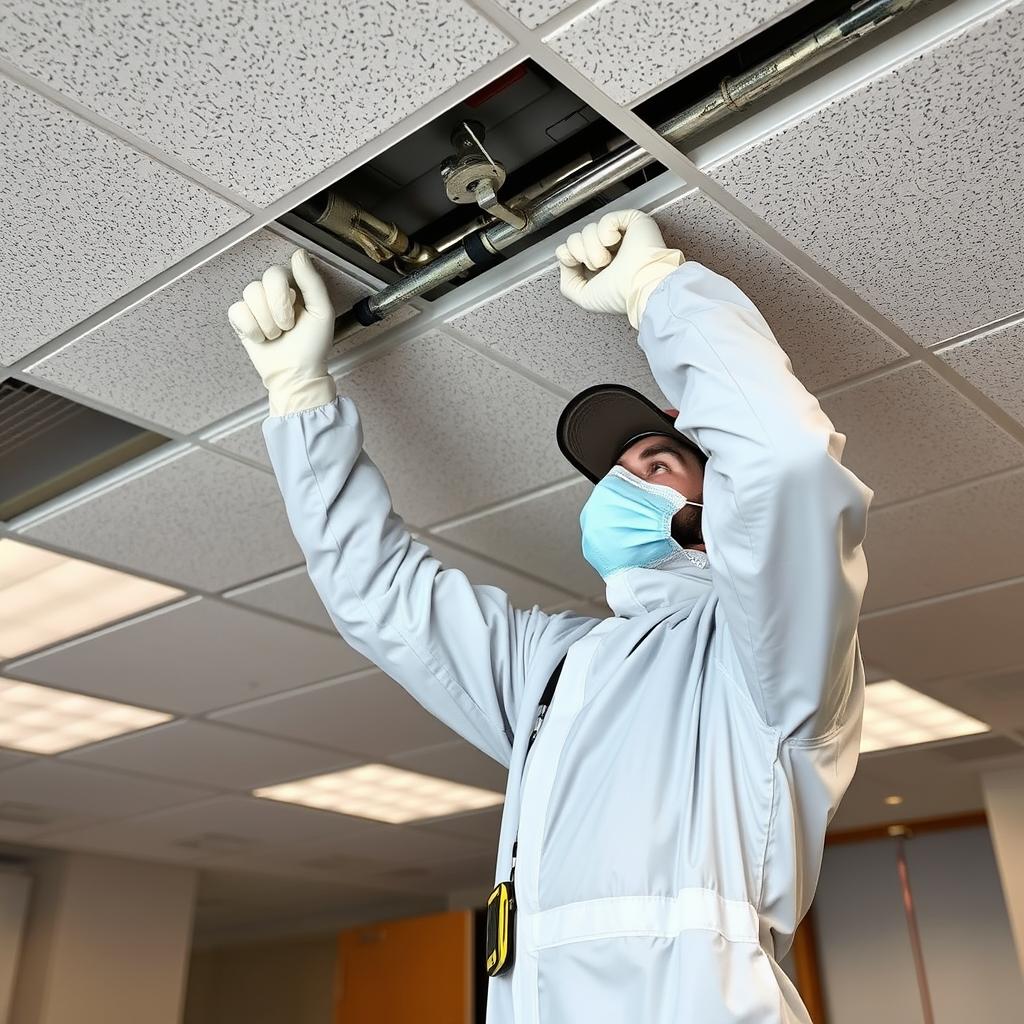 Technician repairing water leak causing office mold growth Technician repairing water leak causing office mold growth