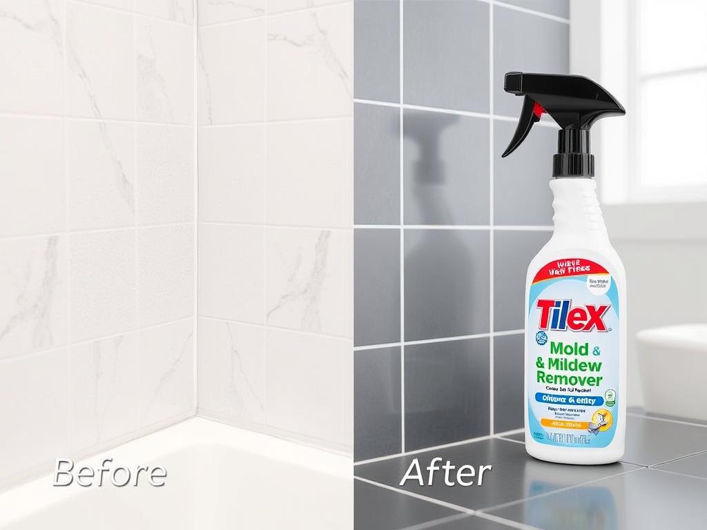 Tilex Mold & Mildew Remover spray bottle with bathroom application Tilex Mold & Mildew Remover spray bottle with bathroom application