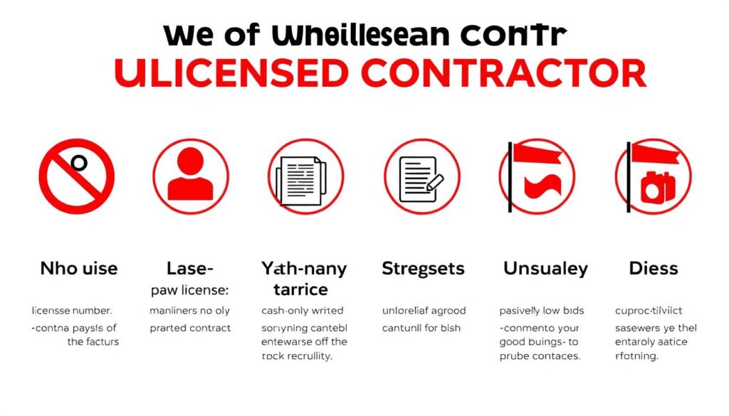Warning signs of unlicensed mold contractors illustrated with red flag icons Warning signs of unlicensed mold contractors illustrated with red flag icons