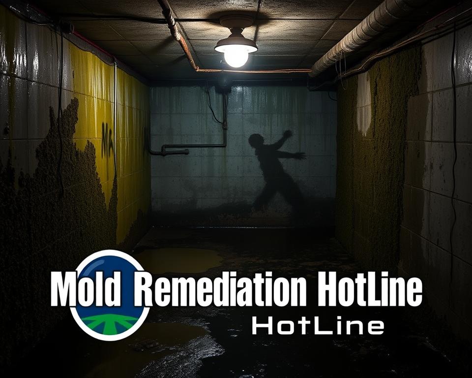 a damp, dimly lit basement with condensation on the walls, moss and mold growing in the corners, pools of stagnant water on the floor, a flickering overhead light casting long shadows, the air thick with musty humidity, a sense of neglect and decay, Mold Remediation Hotline logo prominently displayed in the foreground