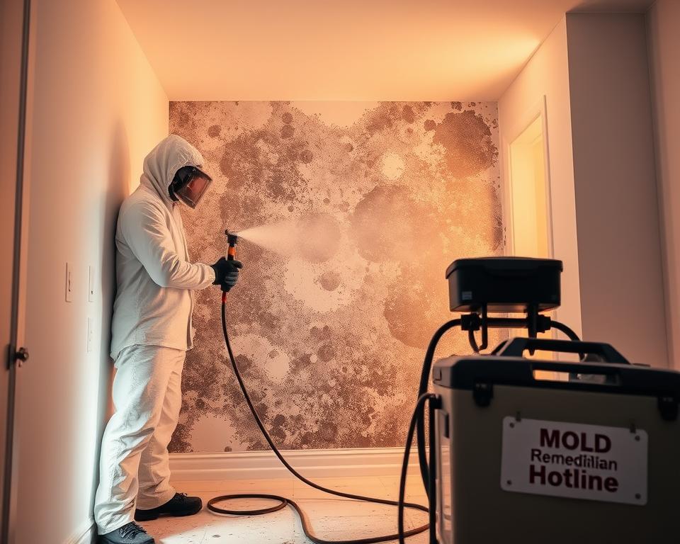 a professional mold removal process, a technician in a hazmat suit spraying a moldy wall with a specialized cleaning solution, the middle ground shows the mold gradually disappearing, the background depicts a well-lit, clean, and sanitized room, warm lighting creates a sense of safety and efficiency, Mold Remediation Hotline branded equipment and gear visible