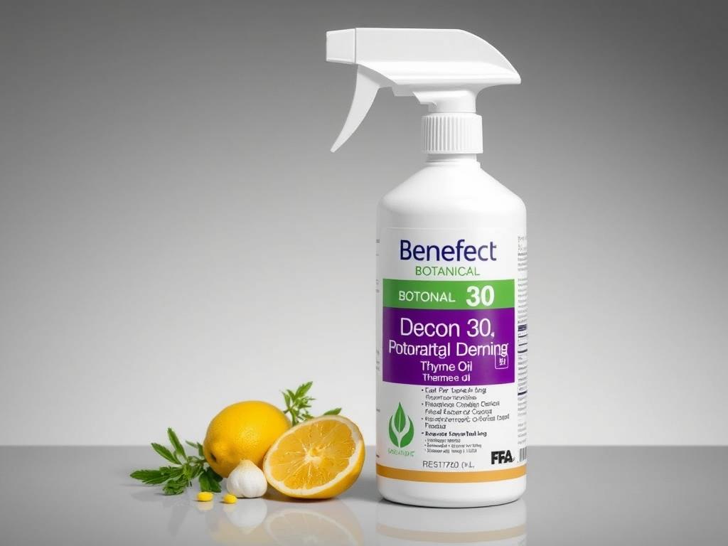 Benefect Botanical Decon 30 plant-based mold cleaner with thyme oil ingredient highlighted Benefect Botanical Decon 30 plant-based mold cleaner with thyme oil ingredient highlighted
