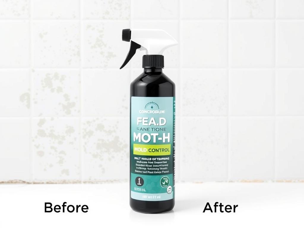 Concrobium Mold Control bottle with spray applicator on bathroom tile with visible mold removal results