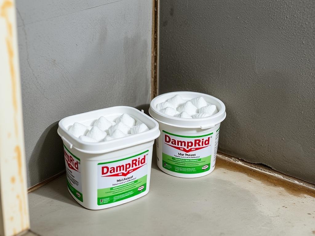 DampRid moisture absorber containers placed in a damp basement corner preventing mold growth DampRid moisture absorber containers placed in a damp basement corner preventing mold growth
