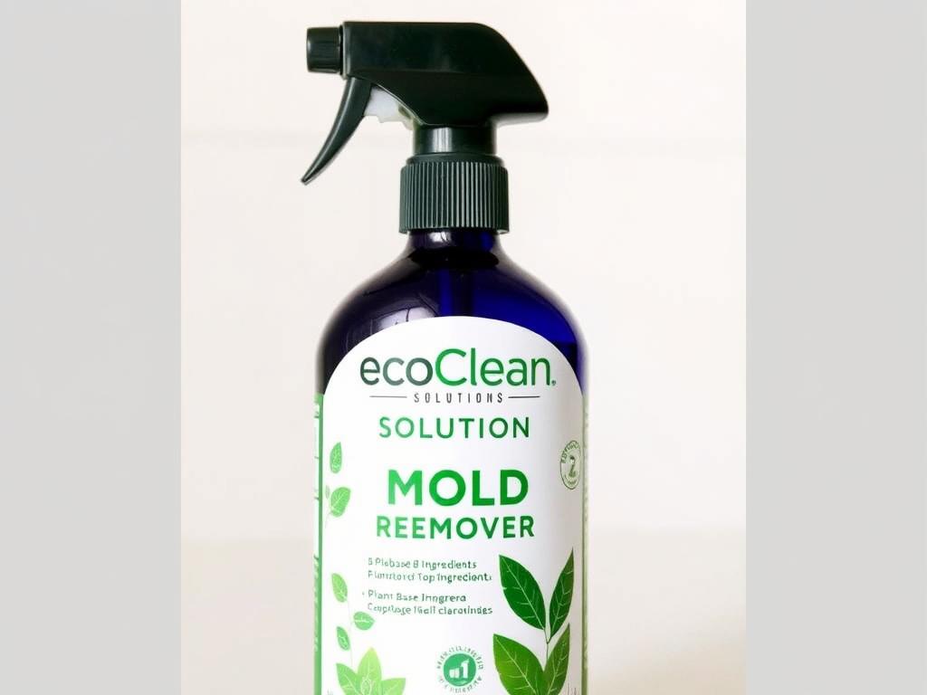 EcoClean Solutions Mold Remover bottle with plant-based ingredients label prominently displayed EcoClean Solutions Mold Remover bottle with plant-based ingredients label prominently displayed