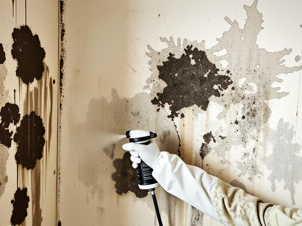 Fiberlock Shockwave professional-grade mold remover being applied to severely affected wall surface Fiberlock Shockwave professional-grade mold remover being applied to severely affected wall surface