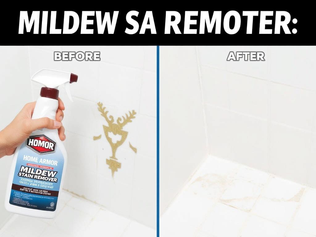 Home Armor Mildew Stain Remover spray bottle with easy application demonstration on bathroom grout Home Armor Mildew Stain Remover spray bottle with easy application demonstration on bathroom grout