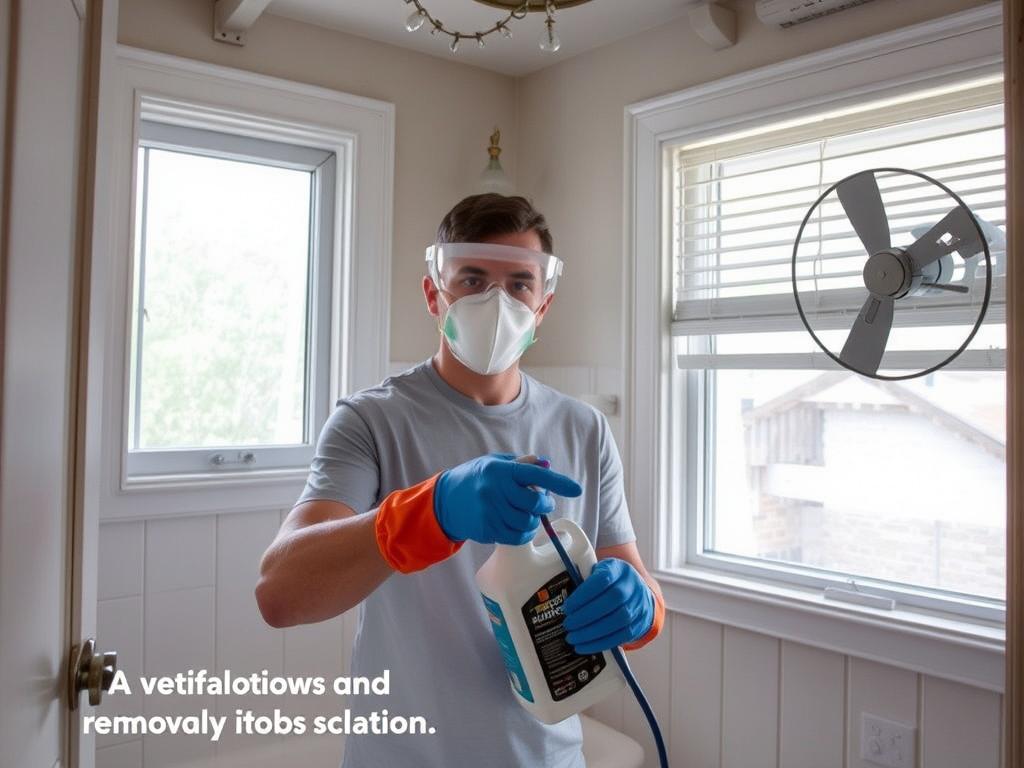 Person wearing proper safety equipment while using mold removal products in a bathroom Person wearing proper safety equipment while using mold removal products in a bathroom