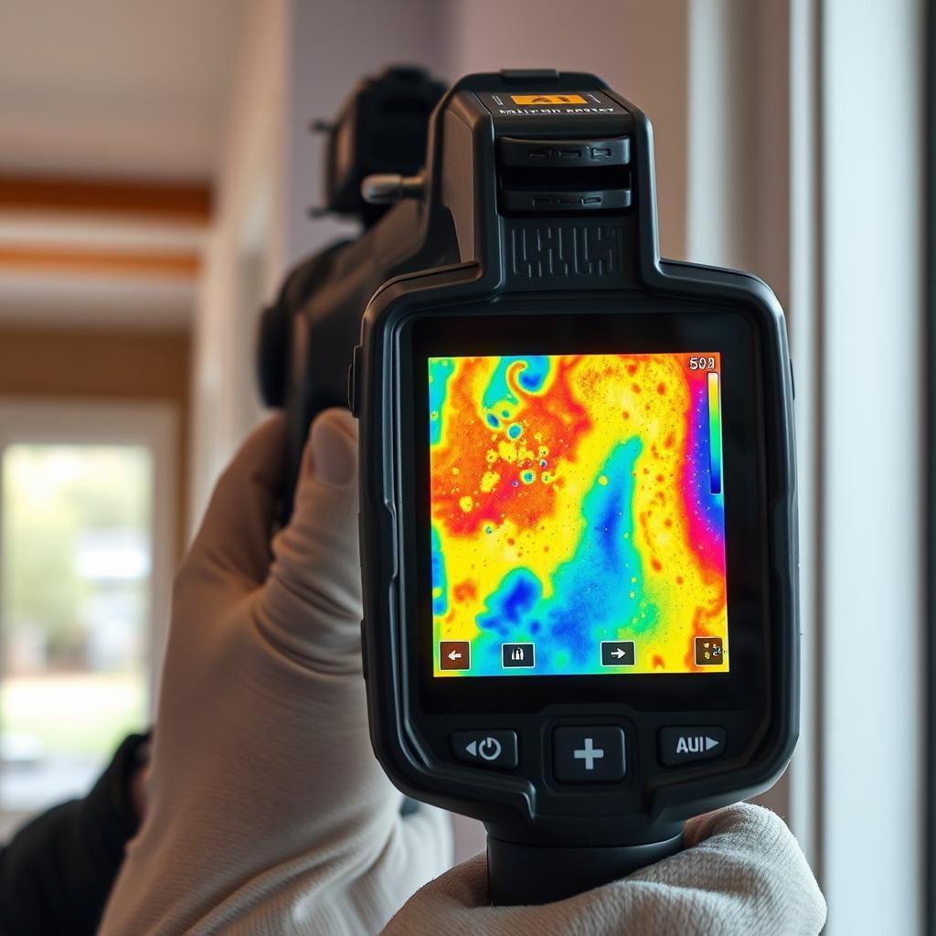 Thermal imaging camera detecting hidden moisture behind walls during mold inspection Thermal imaging camera detecting hidden moisture behind walls during mold inspection