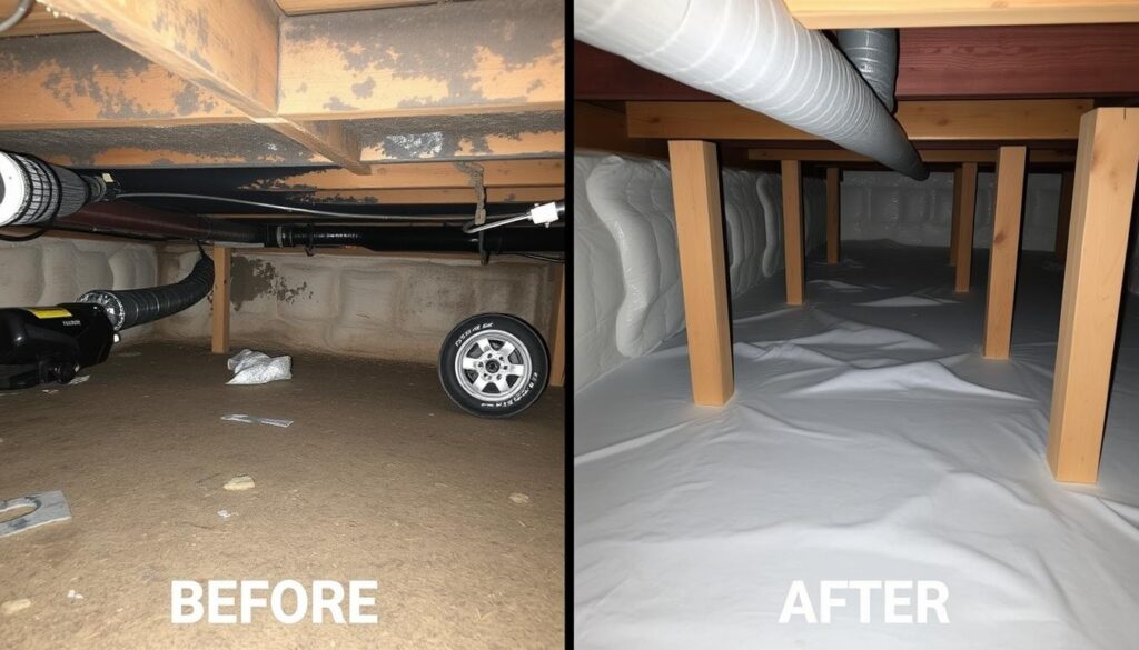 Before and after comparison of a crawlspace mold remediation project