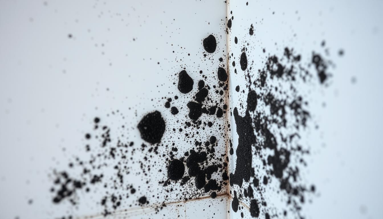 Black mold growing on a bathroom wall corner showing typical household mold contamination