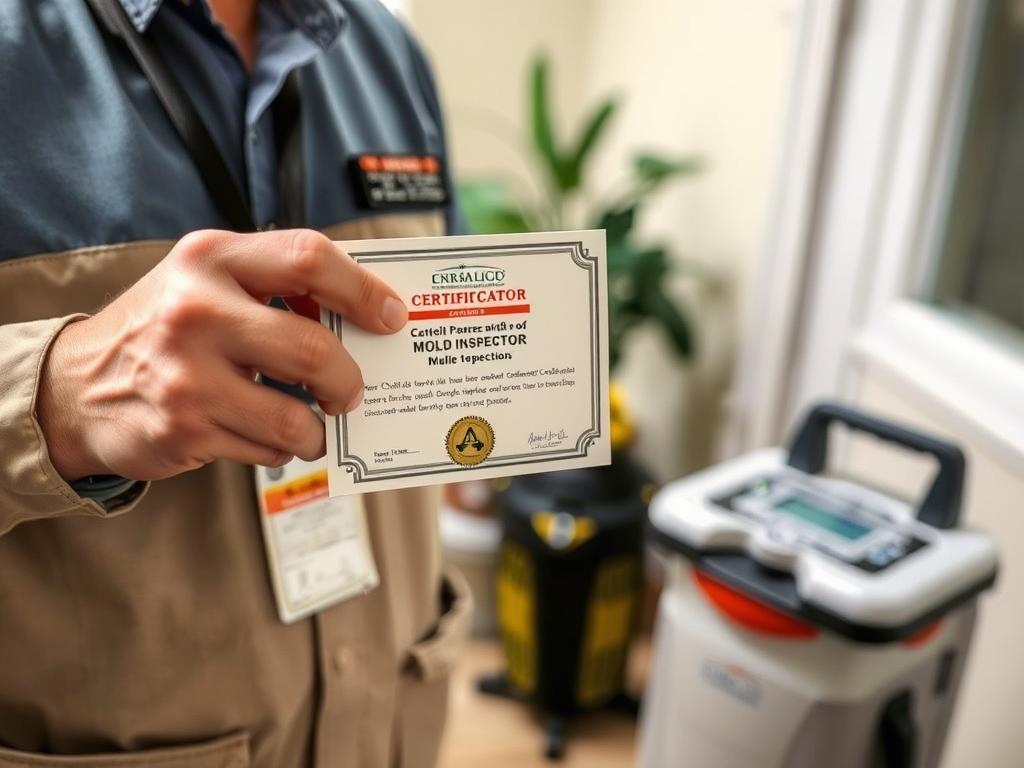 Certified mold inspector showing credentials during free mold inspection Certified mold inspector showing credentials during free mold inspection