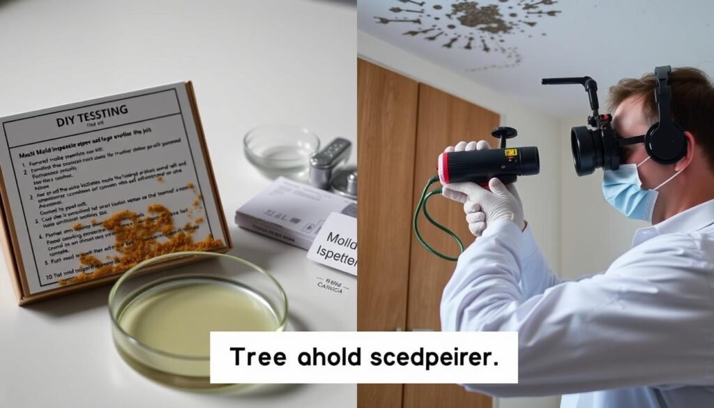 Comparison of DIY mold testing kit and professional equipment during free mold inspection Comparison of DIY mold testing kit and professional equipment during free mold inspection