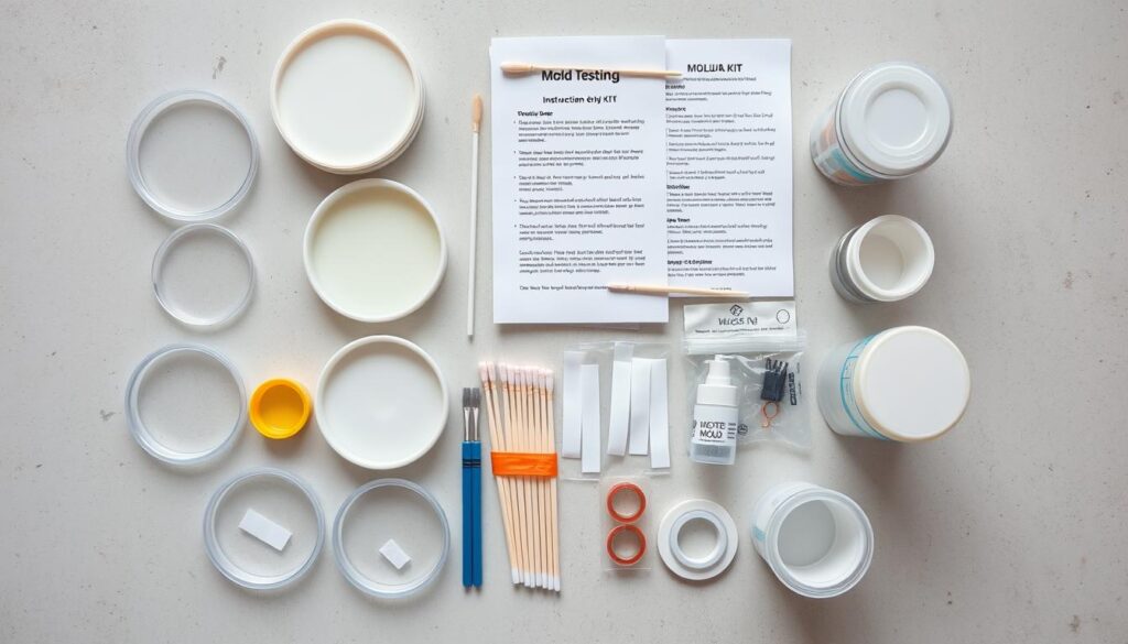 DIY mold testing kit with various components laid out DIY mold testing kit with various components laid out