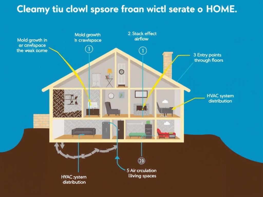 Diagram showing how mold spores from crawlspace enter living areas