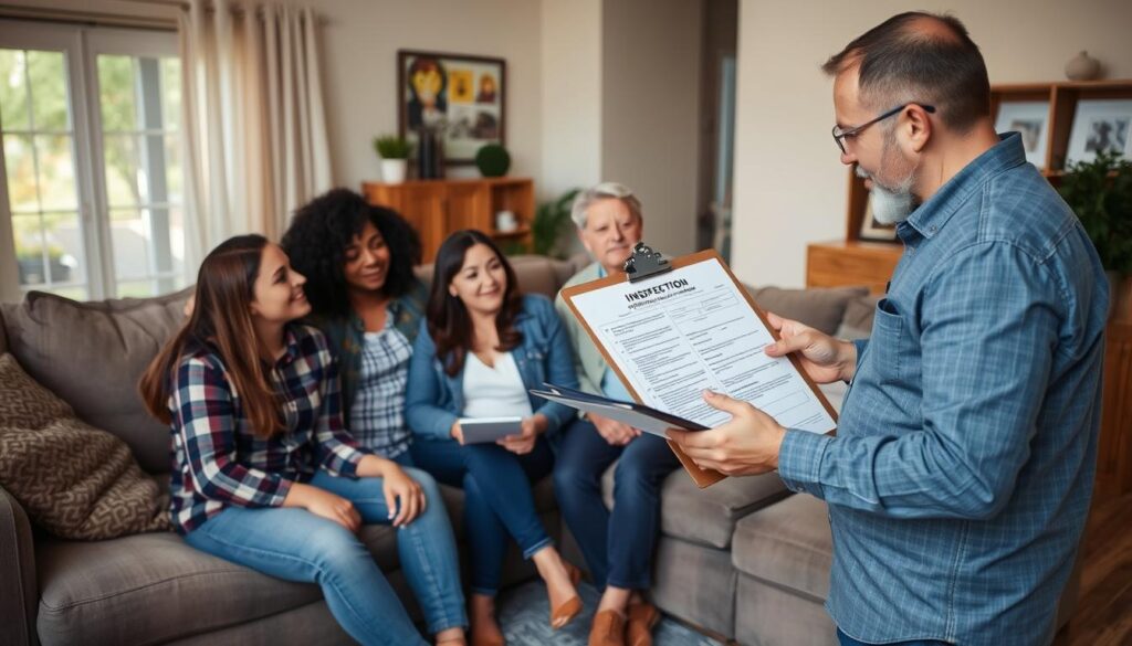 Family receiving information about free mold inspection eligibility Family receiving information about free mold inspection eligibility