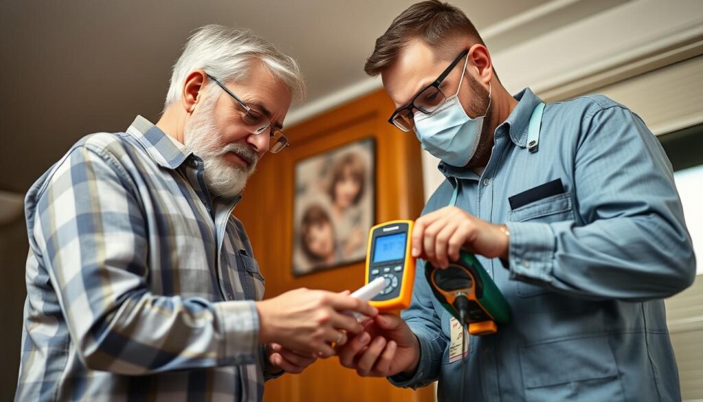 Homeowner discussing mold test results with professional inspector Homeowner discussing mold test results with professional inspector