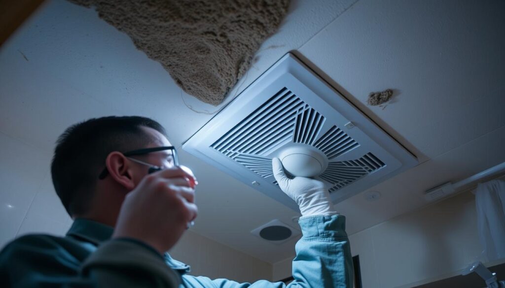 Inspector checking common mold problem areas during free mold inspection Inspector checking common mold problem areas during free mold inspection