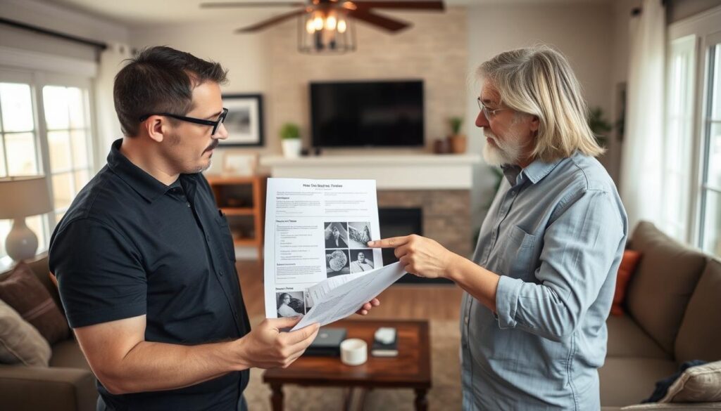 Inspector explaining mold inspection results to homeowner after free mold inspection Inspector explaining mold inspection results to homeowner after free mold inspection