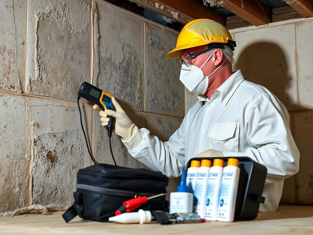 Inspector using moisture meter during a free mold inspection in basement Inspector using moisture meter during a free mold inspection in basement