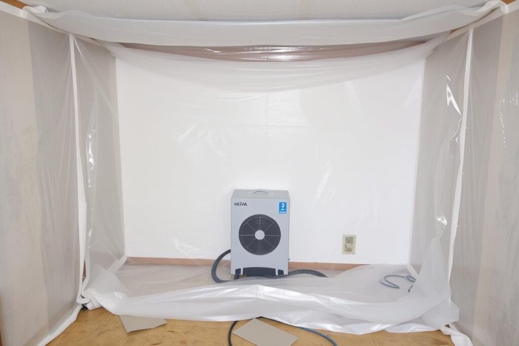Level 2 mold remediation containment setup with plastic sheeting and HEPA filtration