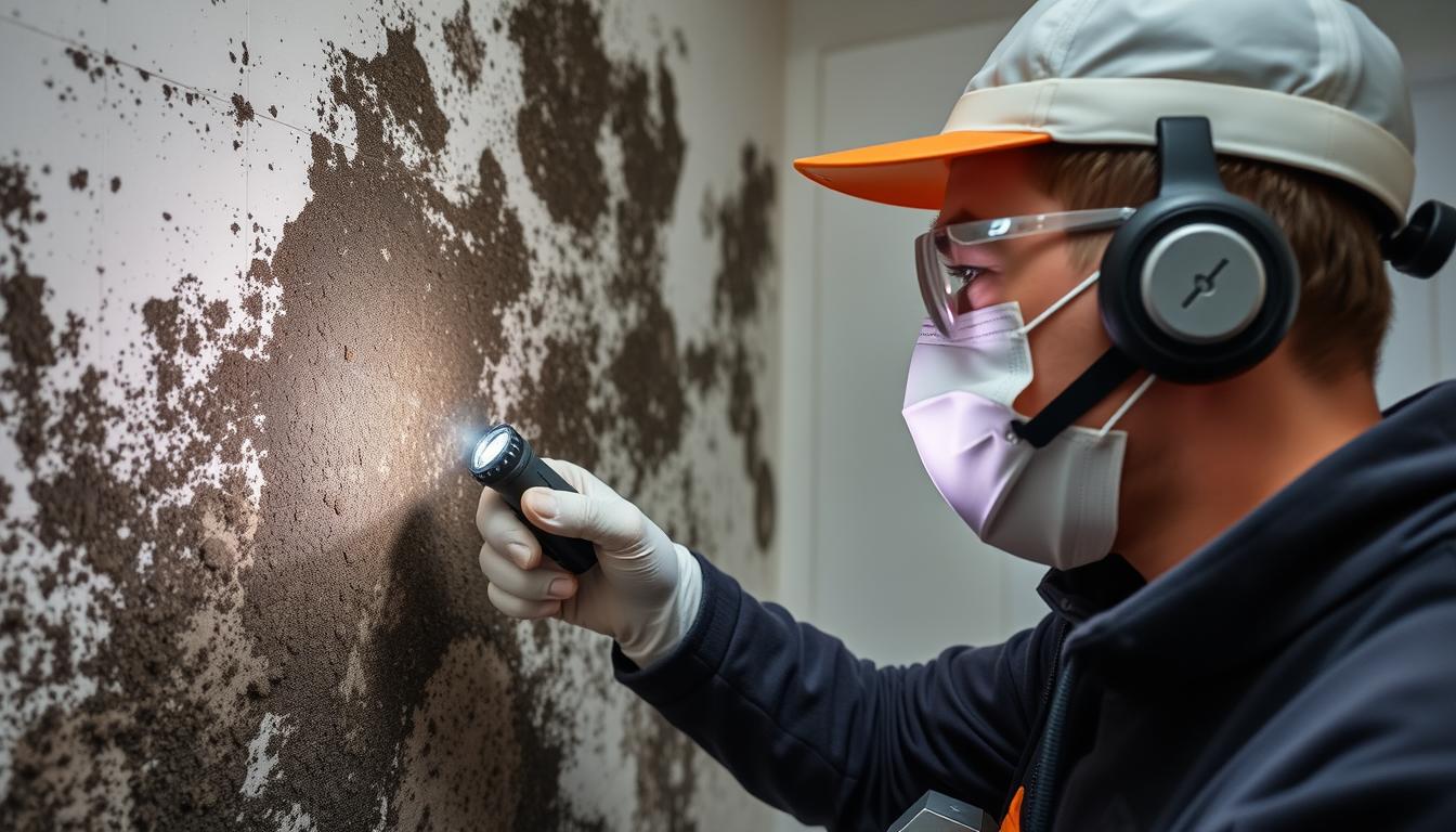 Person examining black mold growth on wall during a free mold inspection