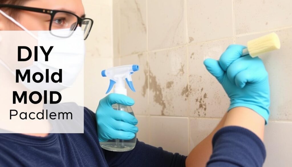 Person in protective gear cleaning small area of mold Person in protective gear cleaning small area of mold