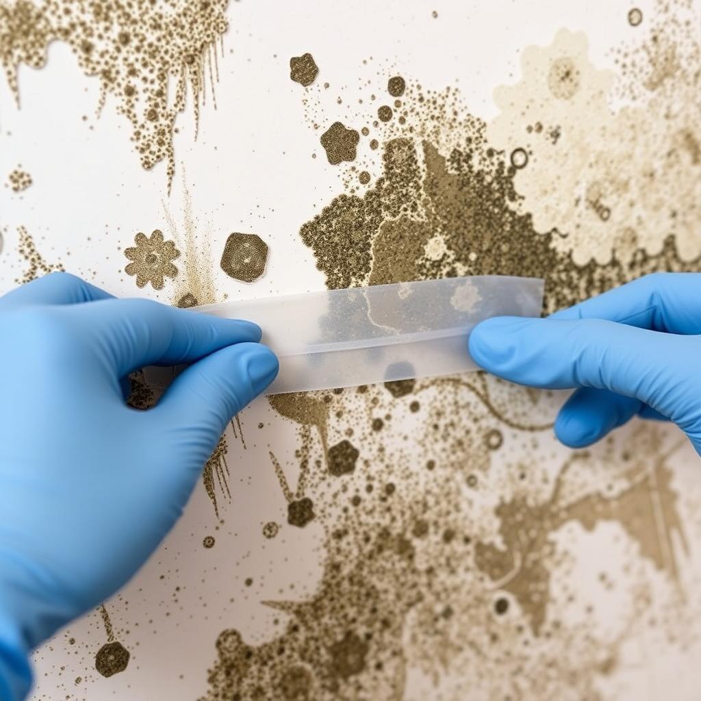 Person performing tape lift sampling on moldy surface Person performing tape lift sampling on moldy surface