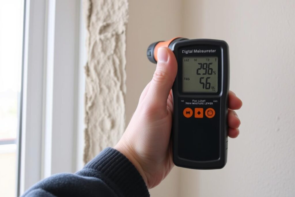 Person using moisture meter to detect potential mold conditions Person using moisture meter to detect potential mold conditions