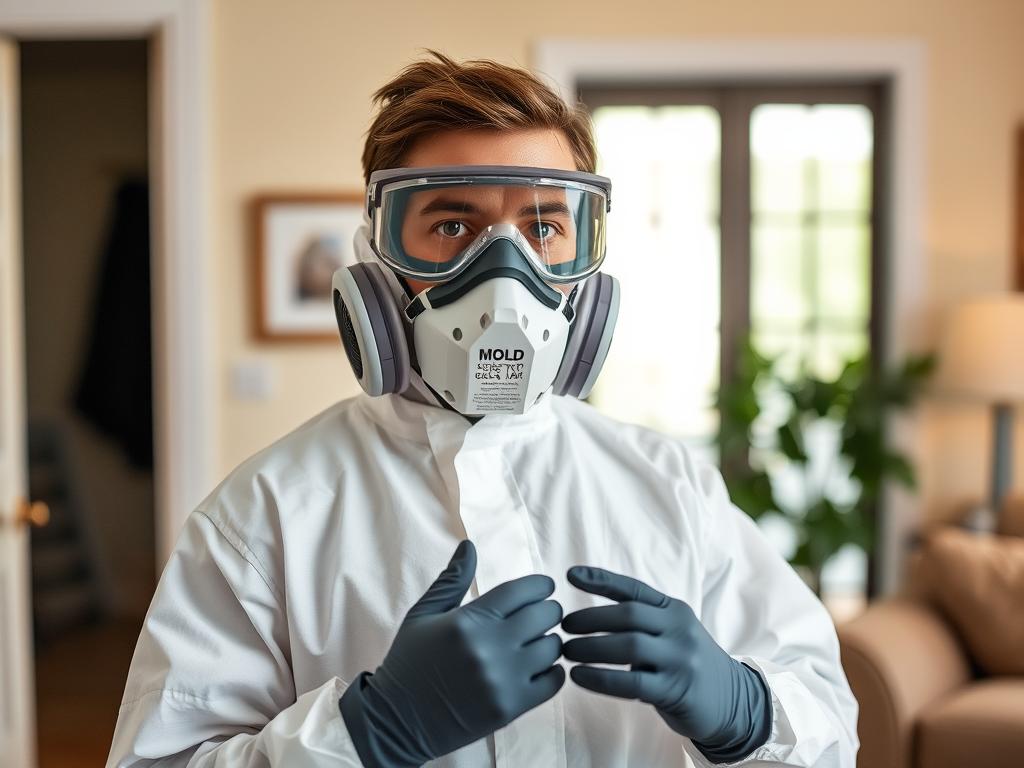Person wearing full protective gear for mold testing including mask, gloves and protective clothing Person wearing full protective gear for mold testing including mask, gloves and protective clothing