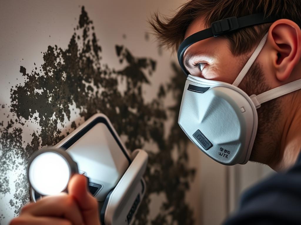 Person wearing protective mask while inspecting mold in a home Person wearing protective mask while inspecting mold in a home