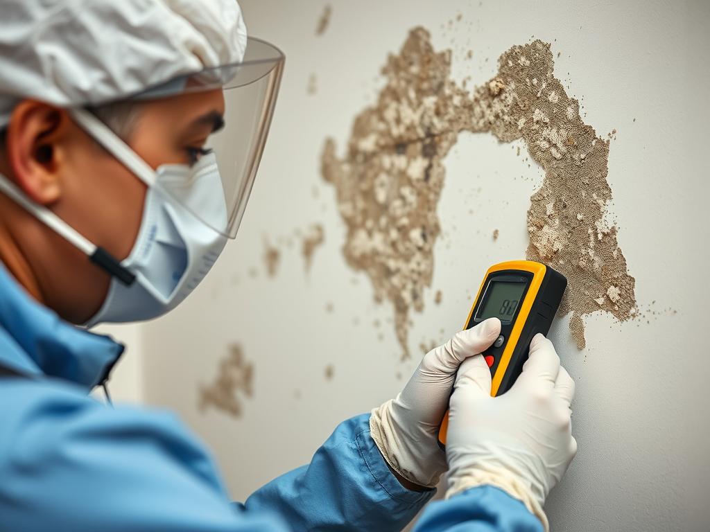 Professional conducting Level 2 mold remediation assessment with moisture meter on affected wall panel