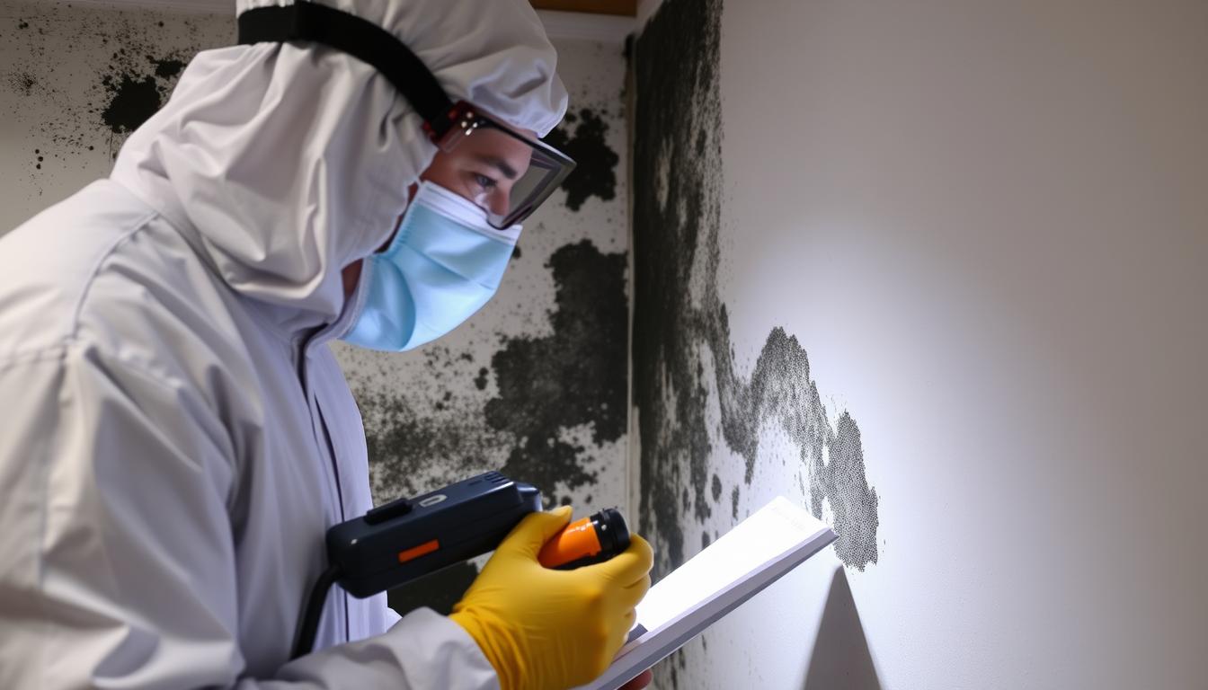 Professional conducting a free mold evaluation in a home basement