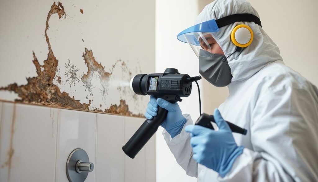 Professional conducting free mold testing in a home bathroom