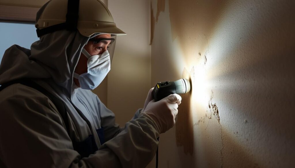 Professional mold inspector examining a wall to determine how much does mold remediation cost