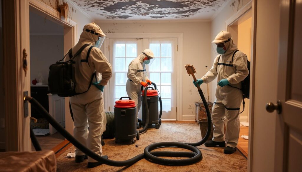 Professional mold remediation team working in a home Professional mold remediation team working in a home