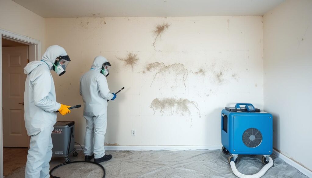 Professional team performing Level 2 mold remediation with proper containment and HEPA filtration